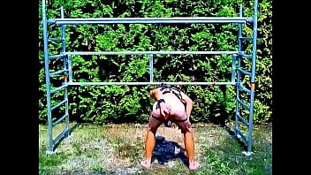 naked skinny slave exposed public outdoor in harness dildo deep in ass BDSM
